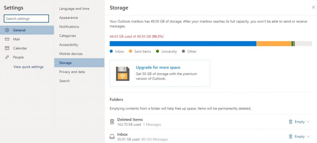 Storage Settings - clear up space on Outlook and fix “Your Mailbox is Full” prompt