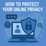 Online privacy protection concept with laptop, shield, and security icons. How to protect your online privacy